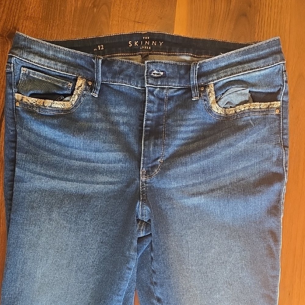 WHBM Women's Skinny Ankle Blue Jeans with Snake Print Embellishment